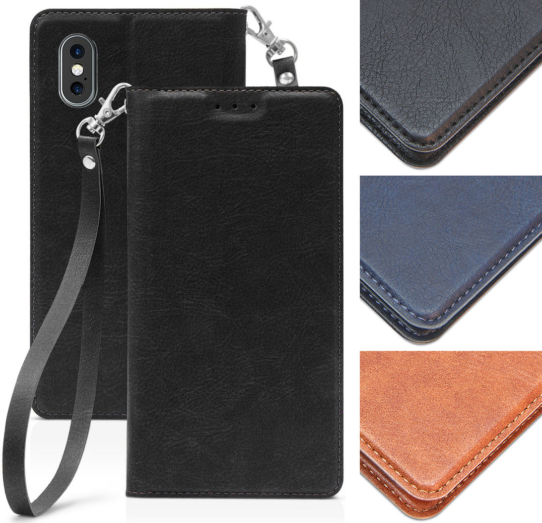 Leather Wallet Case Cover Stand Wrist Strap for Apple iPhone Xs