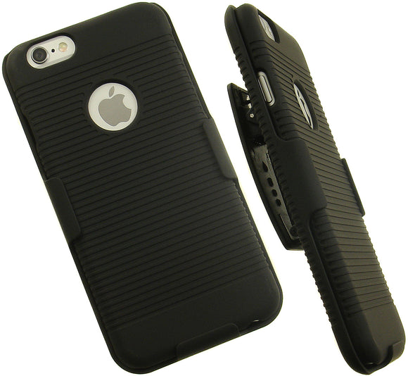 BLACK RUBBERIZED HARD CASE BELT CLIP HOLSTER STAND FOR APPLE iPHONE 6 6s (4.7