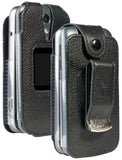Black Vegan Leather Case with Metal Belt Clip for Lively Jitterbug Flip 2 Phone