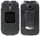 Black Vegan Leather Case with Metal Belt Clip for Lively Jitterbug Flip 2 Phone