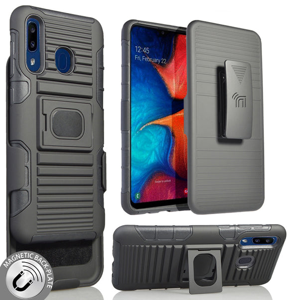 Black Rugged Grip Case with Stand + Belt Clip Holster for Samsung Galaxy A20/A30