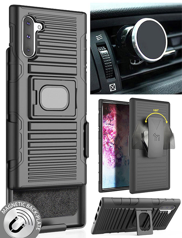 Black Rugged Case + Belt Clip + Magnetic Car Mount for Samsung Galaxy Note 10