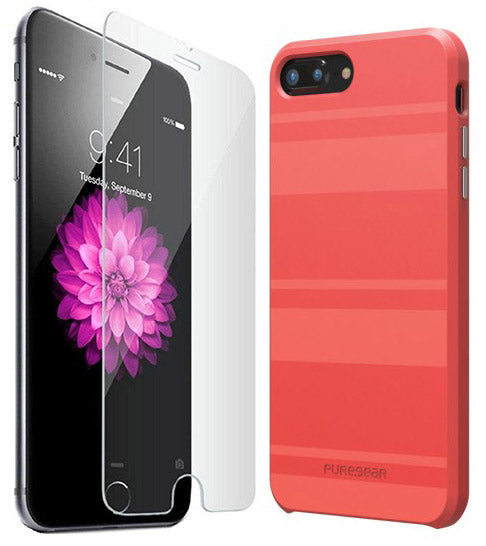 PureGear Deep Coral SOFT-TEK Case Tempered Glass for iPhone 8 Plus/7 Plus/6 Plus