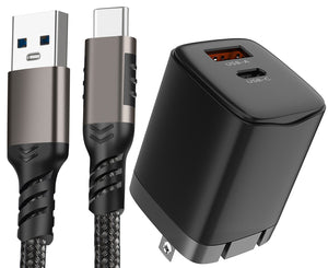 Dual Port USB 20W Wall Charger and Rugged Type-C Cable for Phone - 3.2 Feet