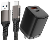 Dual Port USB 20W Travel Wall Charger and Rugged Type-C Cable for Phone - 1 Foot