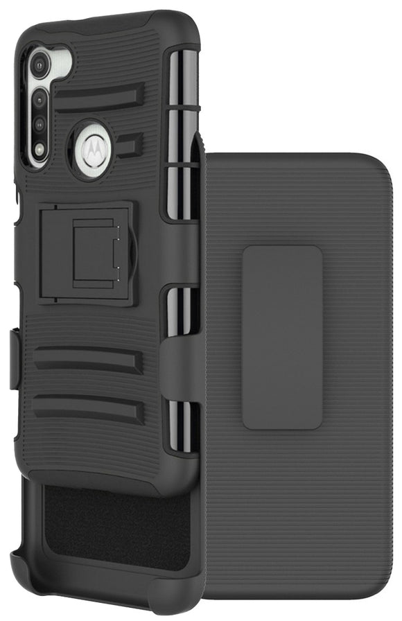 Black Rugged Case Cover Stand and Belt Clip Holster for Motorola Moto G Fast