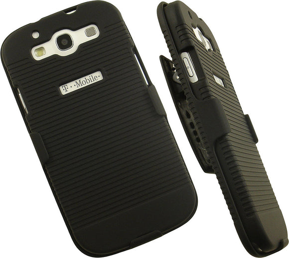 Slim Ribbed Hard Case + Belt Clip Holster for Samsung Galaxy S3 III - Black