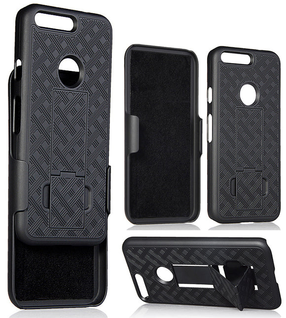 BLACK RUBBERIZED KICKSTAND CASE COVER + BELT CLIP HOLSTER STAND FOR GOOGLE PIXEL