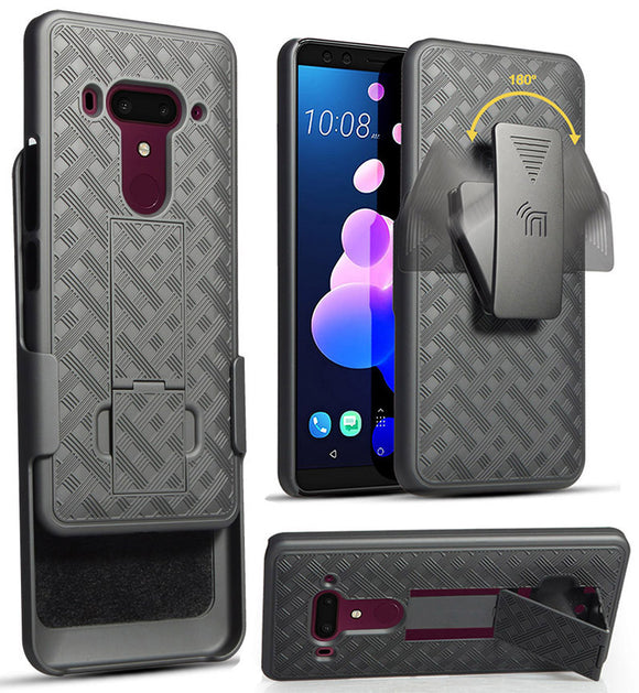 Black Rubberized Case Kickstand Cover + Belt Clip Holster for HTC U12 Plus U12+