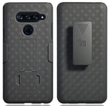 Black Ribbed Case Kick Stand Hard Cover + Belt Clip Holster for LG V40 ThinQ