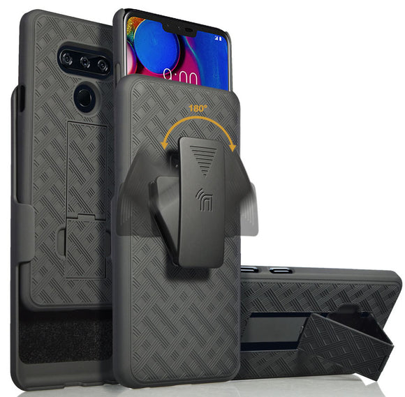 Black Ribbed Case Kick Stand Hard Cover + Belt Clip Holster for LG V40 ThinQ