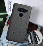 Black Ribbed Case Kick Stand Hard Cover + Belt Clip Holster for LG V40 ThinQ