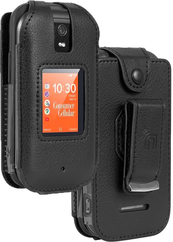 Black Vegan Leather Case with Belt Clip for Consumer Cellular Iris Flip Phone