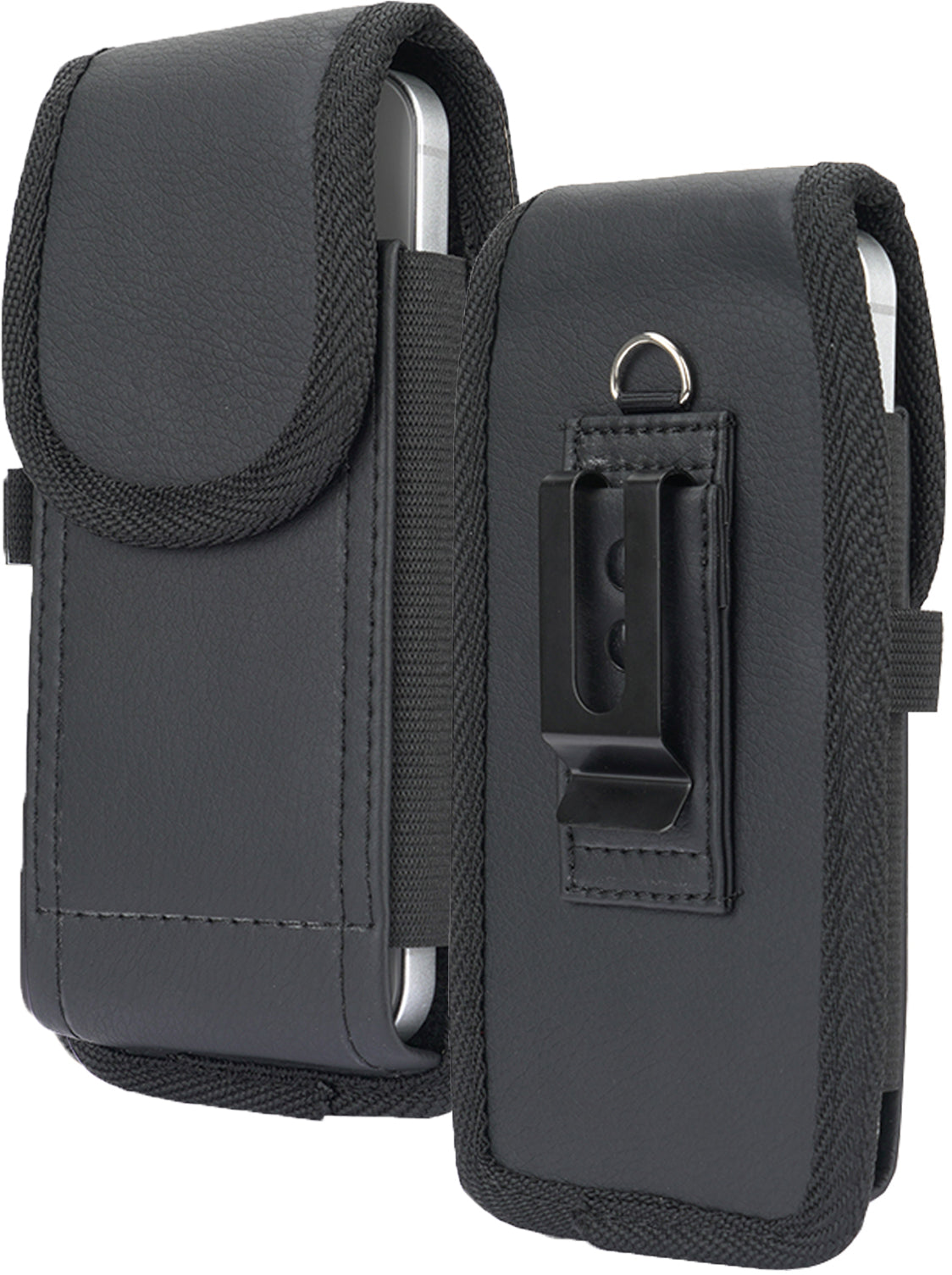 Pouch for iPhone 13 Case, Nakedcellphone Black Vegan Leather Vertical Holster Holder Strong Metal Clip and Secure Belt Thread Loop Harness for iPhone Pouch for iPhone 13 Case, Nakedcellphone Black Vegan Leather Vertical Holster Holder Strong Metal Clip and Secure Belt Thread Loop Harness for iPhone