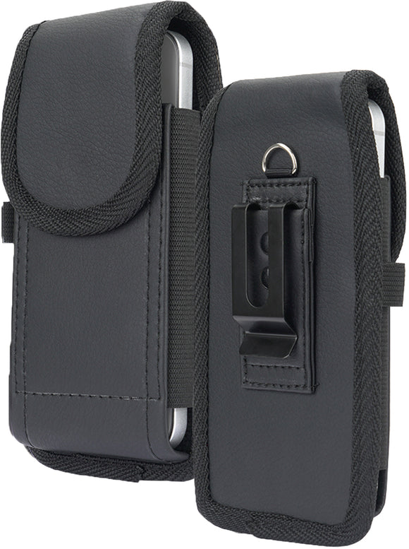 Pouch for iPhone 13 Case, Nakedcellphone Black Vegan Leather Vertical Holster Holder Strong Metal Clip and Secure Belt Thread Loop Harness for iPhone Pouch for iPhone 13 Case, Nakedcellphone Black Vegan Leather Vertical Holster Holder Strong Metal Clip and Secure Belt Thread Loop Harness for iPhone