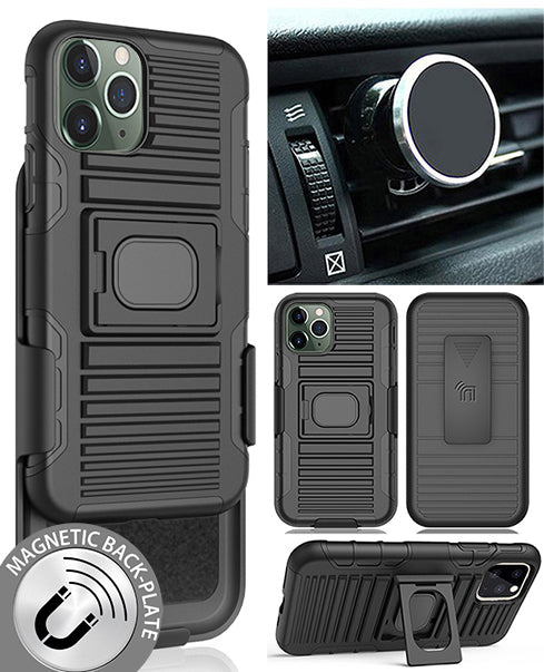 Black Rugged Case Stand + Belt Clip + Magnetic Car Mount for iPhone 11 Pro Max