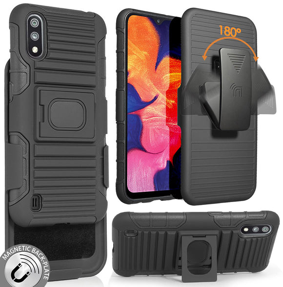 Black Rugged Grip Case Cover Stand + Belt Clip Holster for Samsung Galaxy A01