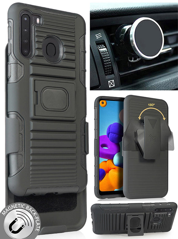 Black Rugged Case Cover Belt Clip and Magnetic Car Mount for Samsung Galaxy A21