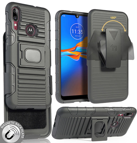 Black Rugged Grip Case Stand Belt Clip Holster for Motorola Moto E6 Plus, E6+