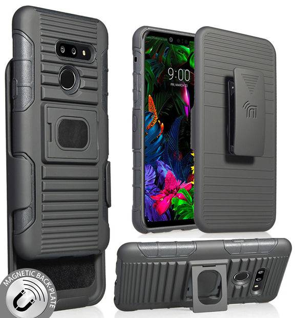 Black Rugged Ring Grip Case Cover + Belt Clip Holster for LG G8 ThinQ (LM-G820)