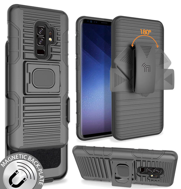 Black Magnet Grip Case + Belt Clip Holster Stand for Samsung Galaxy S9 Plus, S9+