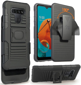 Black Rugged Finger Grip Case Stand and Belt Clip Holster for LG K51, Reflect