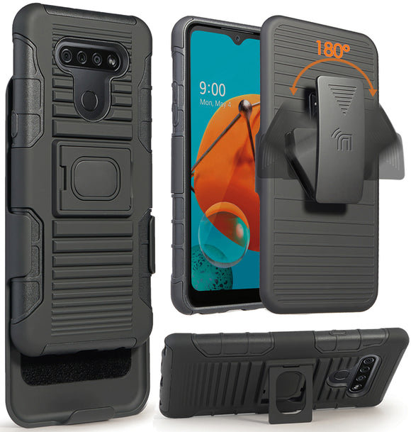 Black Rugged Finger Grip Case Stand and Belt Clip Holster for LG K51, Reflect