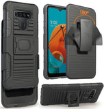 Black Rugged Finger Grip Case Stand and Belt Clip Holster for LG K51, Reflect