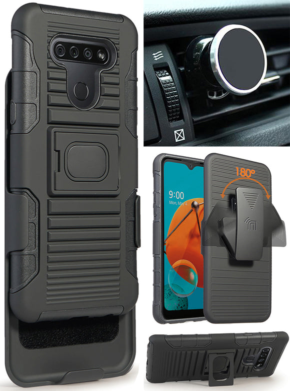 Black Rugged Case Cover Belt Clip and Magnetic Car Mount for LG K51, Reflect