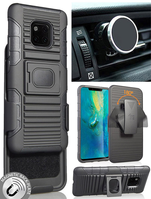 Black Rugged Case + Belt Clip Holster + Magnet Car Mount for Huawei Mate 20 Pro