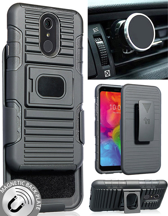 Black Rugged Case Stand + Belt Clip + Magnetic Car Mount for LG Q7 Plus, Q7, Q7+