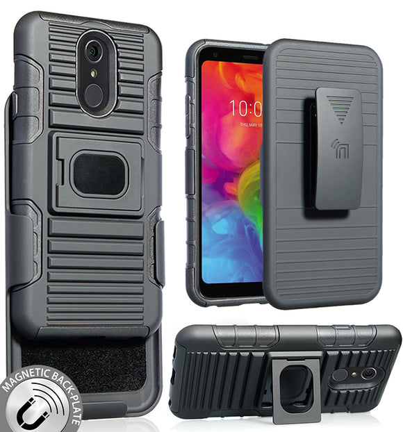 Black Magnet Grip Case Cover Stand + Belt Clip Holster for LG Q7 Plus, Q7, Q7+