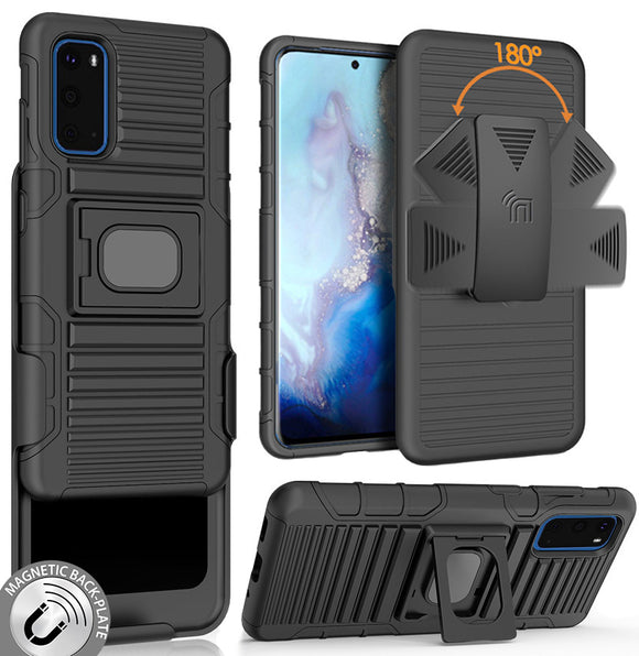 Black Rugged Grip Case with Stand and Belt Clip Holster for Samsung Galaxy S20