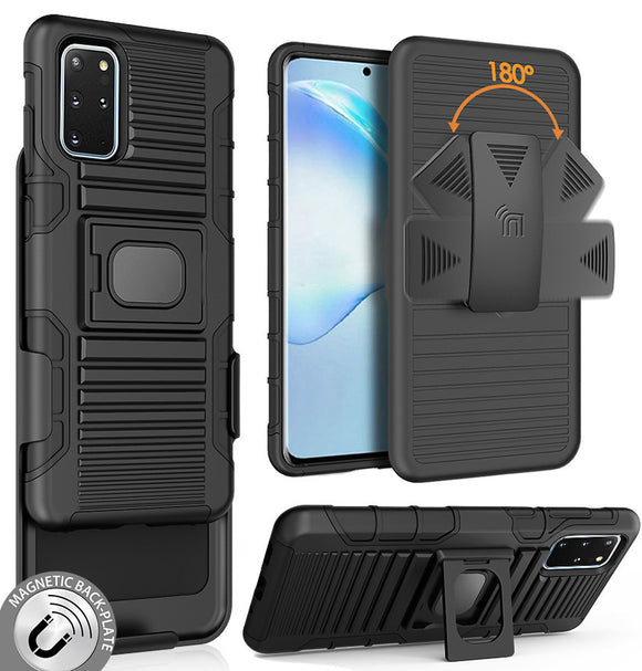 Black Rugged Grip Case with Stand Belt Clip Holster for Samsung Galaxy S20 Plus