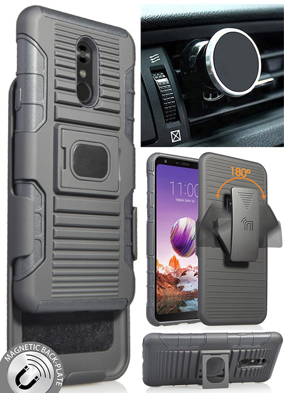 Black Rugged Grip Case Stand + Belt Clip + Magnetic Car Mount for LG Stylo 5