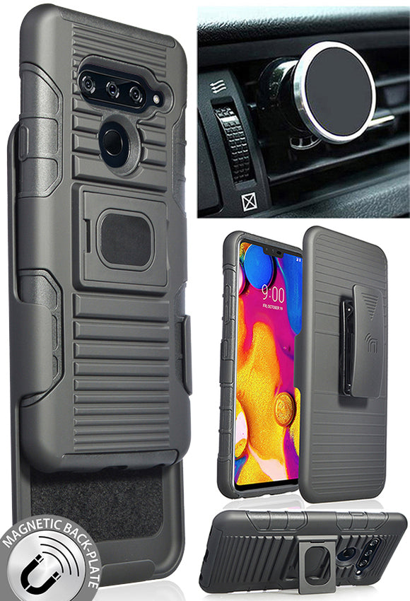 Black Rugged Case + Belt Clip Holster + Magnetic Car Mount for LG V40 ThinQ