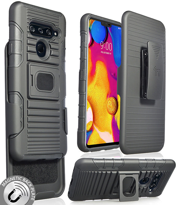 Black Magnet Grip Case Rugged Cover Stand + Belt Clip Holster for LG V40 ThinQ