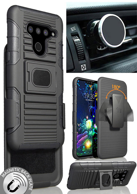 Black Rugged Case Stand + Belt Clip + Magnetic Car Mount for LG V50 ThinQ (2019)