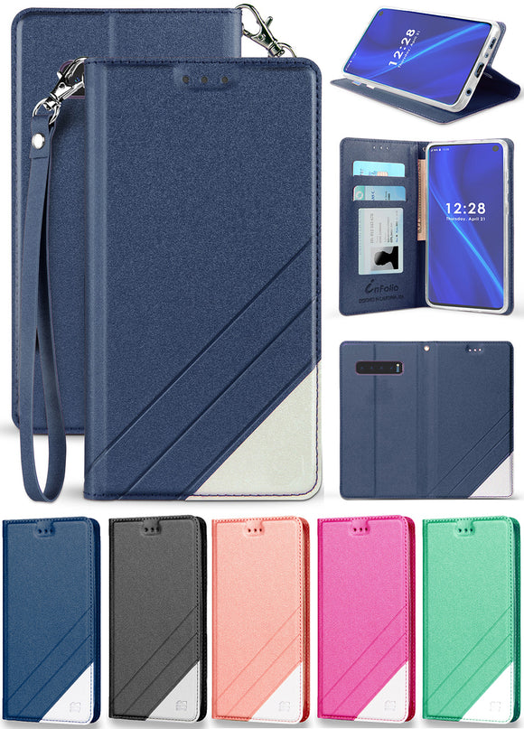 Folio Wallet Case ID Card Slot Cover Stand + Wrist Strap for Samsung Galaxy S10