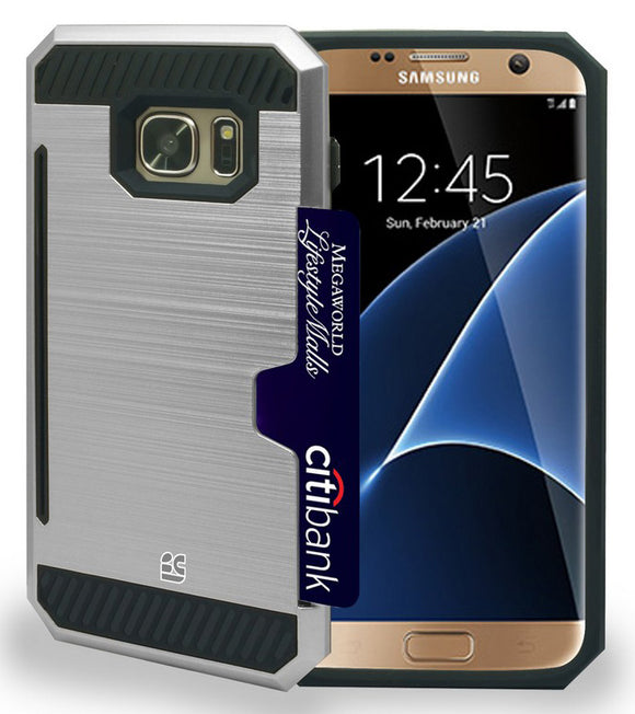 SILVER RUGGED TPU HARD CASE CREDIT CARD SLOT STAND FOR SAMSUNG GALAXY S7 EDGE