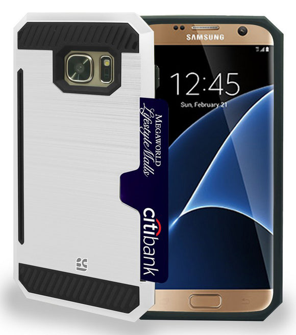 WHITE RUGGED TPU HARD CASE CREDIT CARD SLOT STAND FOR SAMSUNG GALAXY S7 EDGE