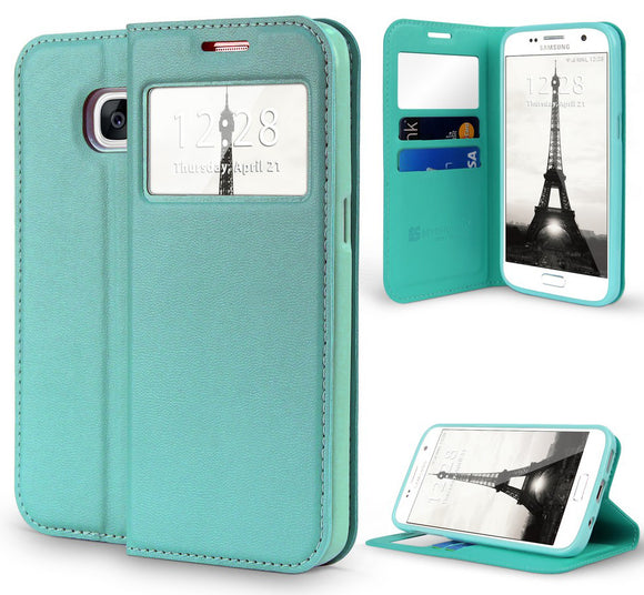 MINT GREEN WINDOW WALLET CREDIT ID CARD CASE STAND FOR SAMSUNG GALAXY S7 EDGE