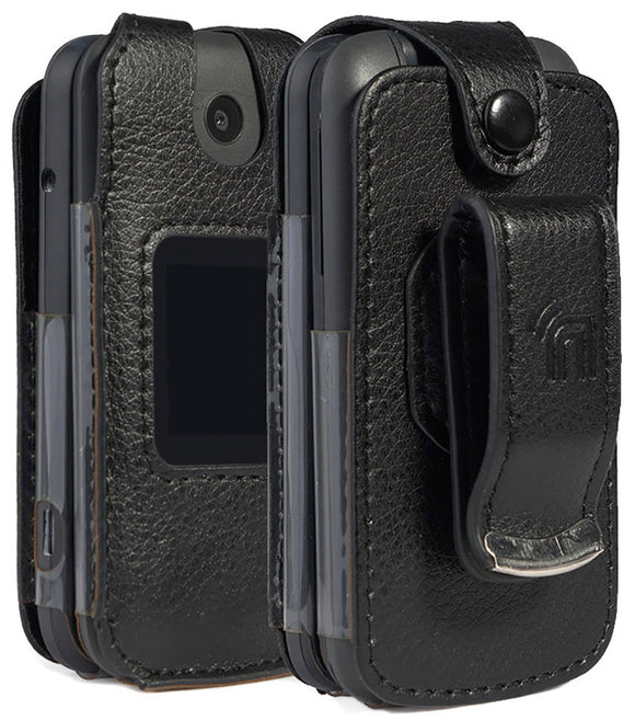 Black Vegan Leather Case with Belt Clip for Alcatel SmartFlip (2019), Go Flip 3