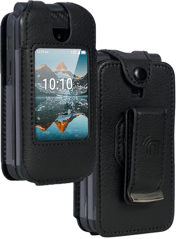 Black Vegan Leather Case with Belt Clip for Iris Easy Flip Phone / Summit Flip