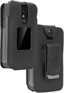 Black Vegan Leather Case Belt Clip Screen/Keypad Cover for TCL Flip 4 5G Phone