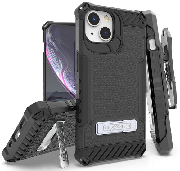 Tri-Shield Rugged Case with Stand + Belt Clip Holster + Strap for iPhone 13