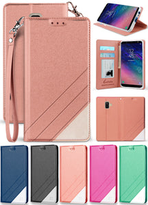 Folio Wallet Case ID Slot Cover Stand + Wrist Strap for Samsung Galaxy A6