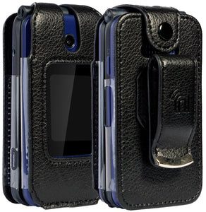 Black Vegan Leather Case Belt Clip for Cingular Flip IV 4, Cricket Debut Phone