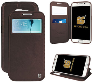 BROWN INFOLIO WINDOW WALLET CREDIT ID CARD CASE STAND FOR SAMSUNG GALAXY S6 EDGE