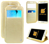 GOLD INFOLIO WINDOW WALLET CREDIT ID CARD CASE STAND FOR SAMSUNG GALAXY S6 EDGE